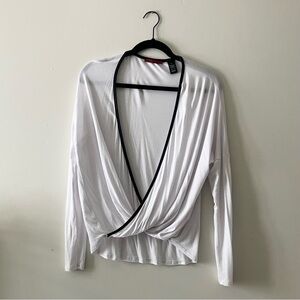 BKE White and Black Surplice Wrap Top Long Sleeve Size M Boho Relaxed Minimalist